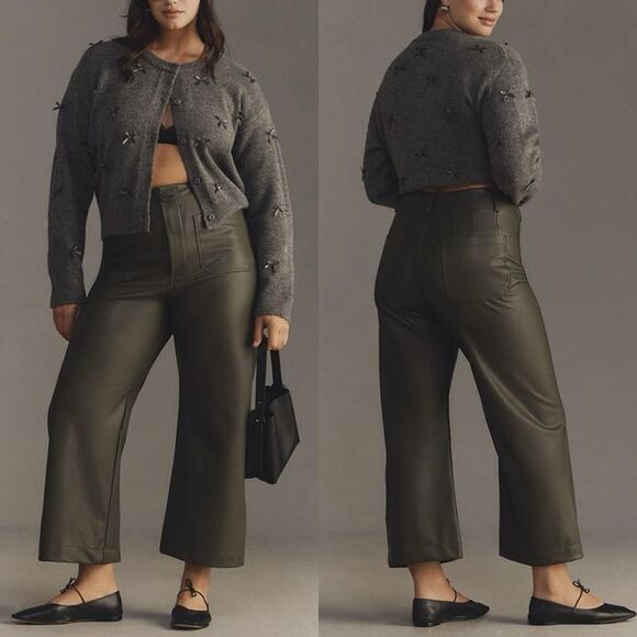 Anthropologie Maeve Colette Cropped Wide Leg Pants Faux Leather Holly Green 28 - Picture 4 of 12